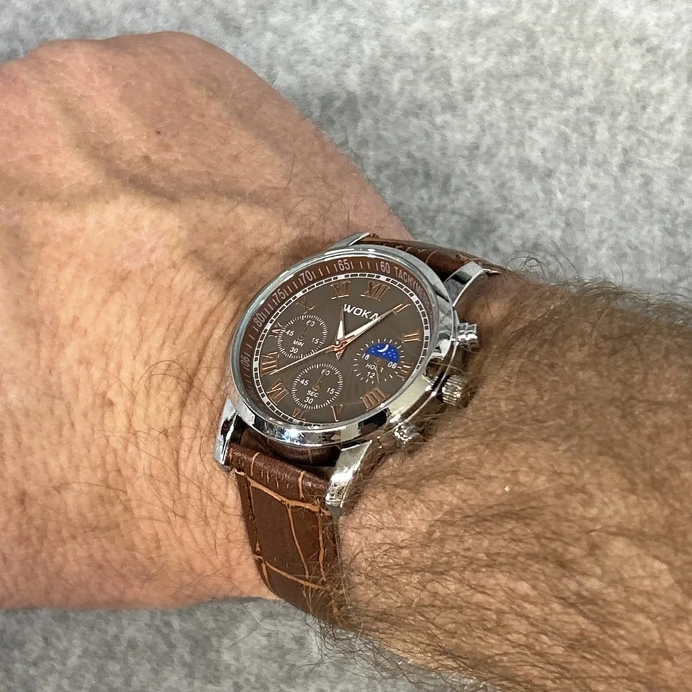 Brown Dial Men Brown WOKAi Quartz Watch Moonphase Style 8077 OS